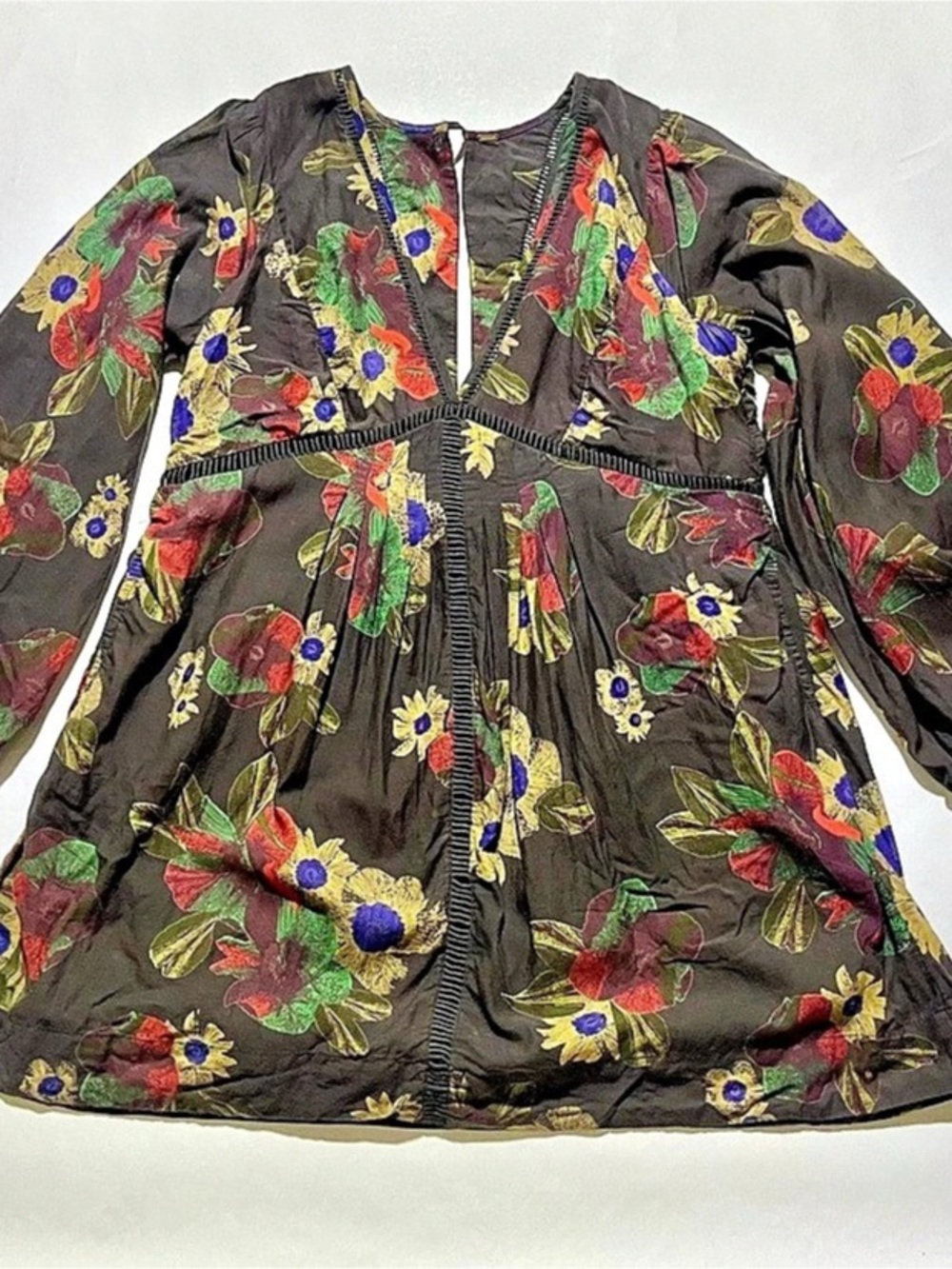 Free People M Floral Tunic Mini Dress Boho 70s Deep V Balloon Sleeve Crochet